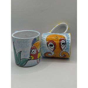 La Masa Italian Art Pottery Coffee Cups XL Ceramic Mugs Fish & Octopus 4x4 16oz